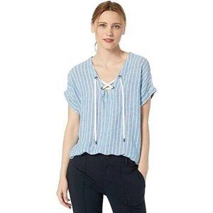 RAILS Jeri Top St. Germain Stripe Linen Blue White Lace Up Top, Size L Large